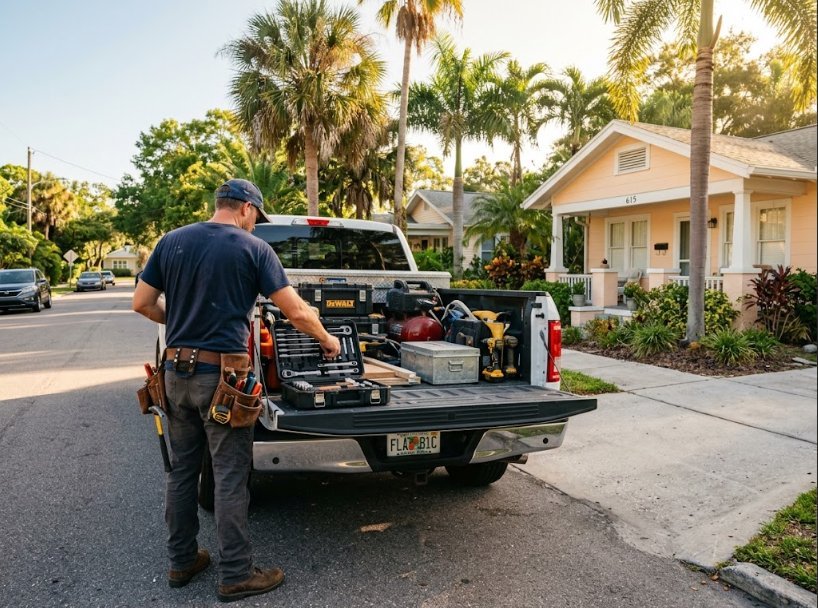 Gabriel loading tools at his truck in a St. Petersburg neighborhood