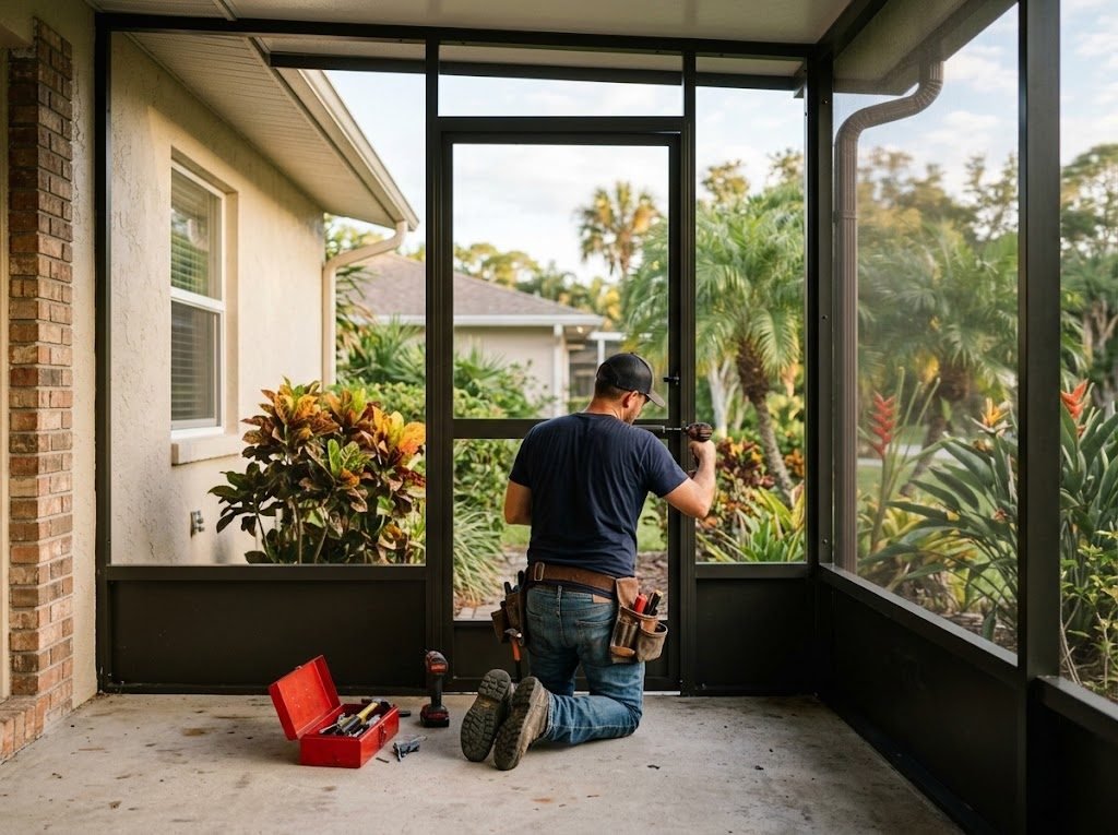 Gabriel installing a new screen door on a screened-in lanai in St. Petersburg, FL